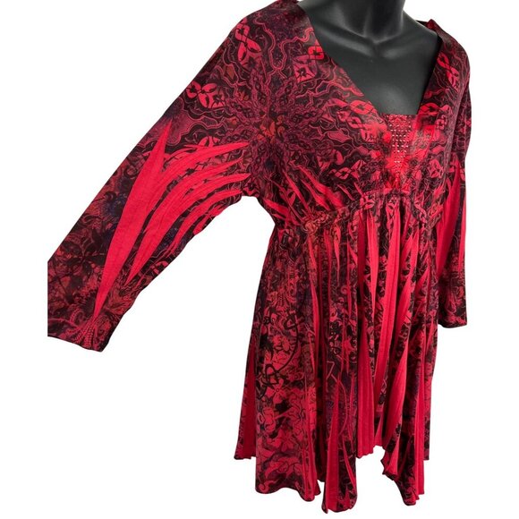 One World Blouse Size Large L Red Black Tunic Top Beaded Neck Long Sleeve New - Picture 6 of 11